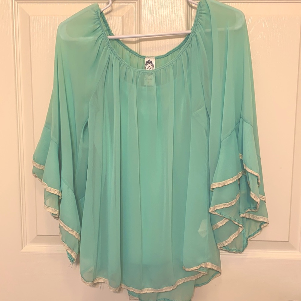 Teal blouse with lace trim